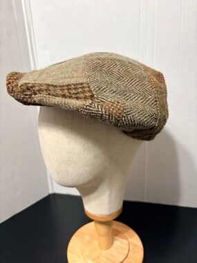 Polo by Ralph Lauren Olive and Brown Patchwork Wool Tweed Newsboy Cap. S/M